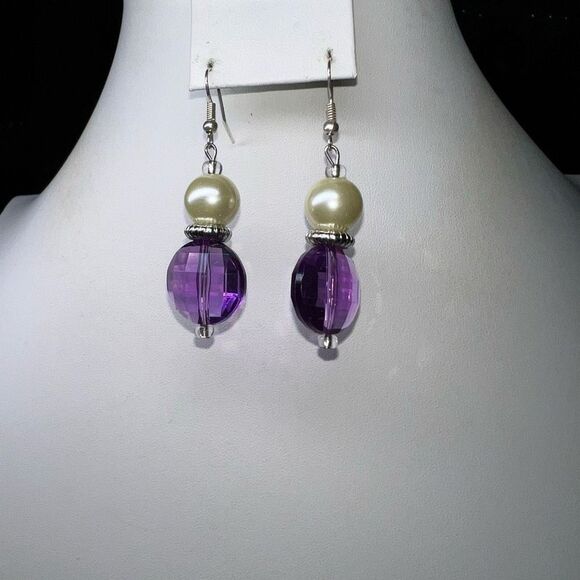 Faux Pearl and Purple Crystal Dangle Earrings - Picture 5 of 5
